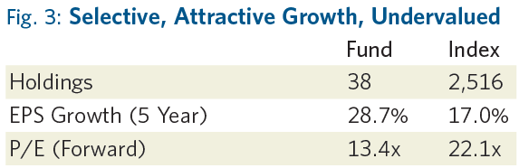 Chart shows the holdings, EPS Growth and P/E forward of the DGF vs., MSCI ACWI